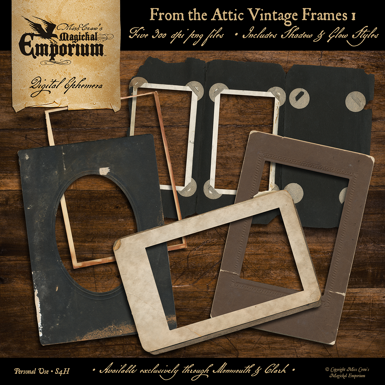 Vintage-style photo frames on a wooden background with 'Magical Emporium' branding.