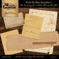 Collection of old papers and documents on a wooden surface with 'Magical Emporium' branding.