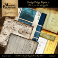 Collage of vintage-style papers with text and color swatches, featuring 'Hodge Podge Papers 2' branding.