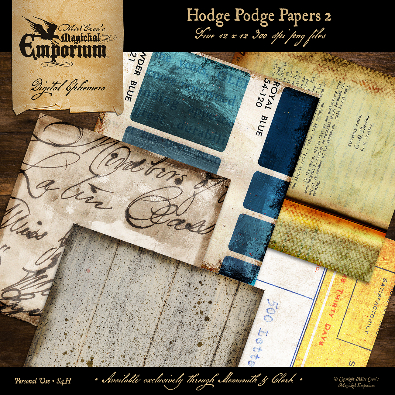 Collage of vintage-style papers with text and color swatches, featuring 'Hodge Podge Papers 2' branding.
