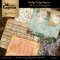 Collection of vintage-style documents and a map on a wooden surface with 'Magical Emporium' branding.