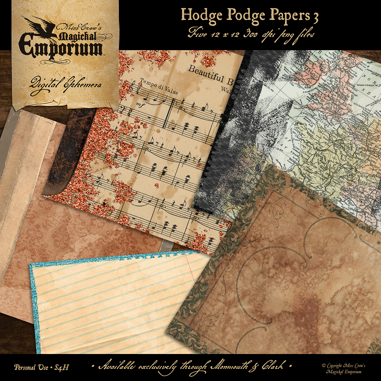 Collection of vintage-style digital paper sheets with different textures and patterns, including music notes and maps, from 'Hodge Podge Papers 3' by 'Magical Emporium'.